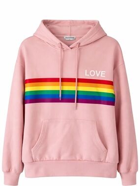 Beachwaver Pink Rainbow Stripe LOVE Hoodie Pullover Sweatshirt Women’s Casual